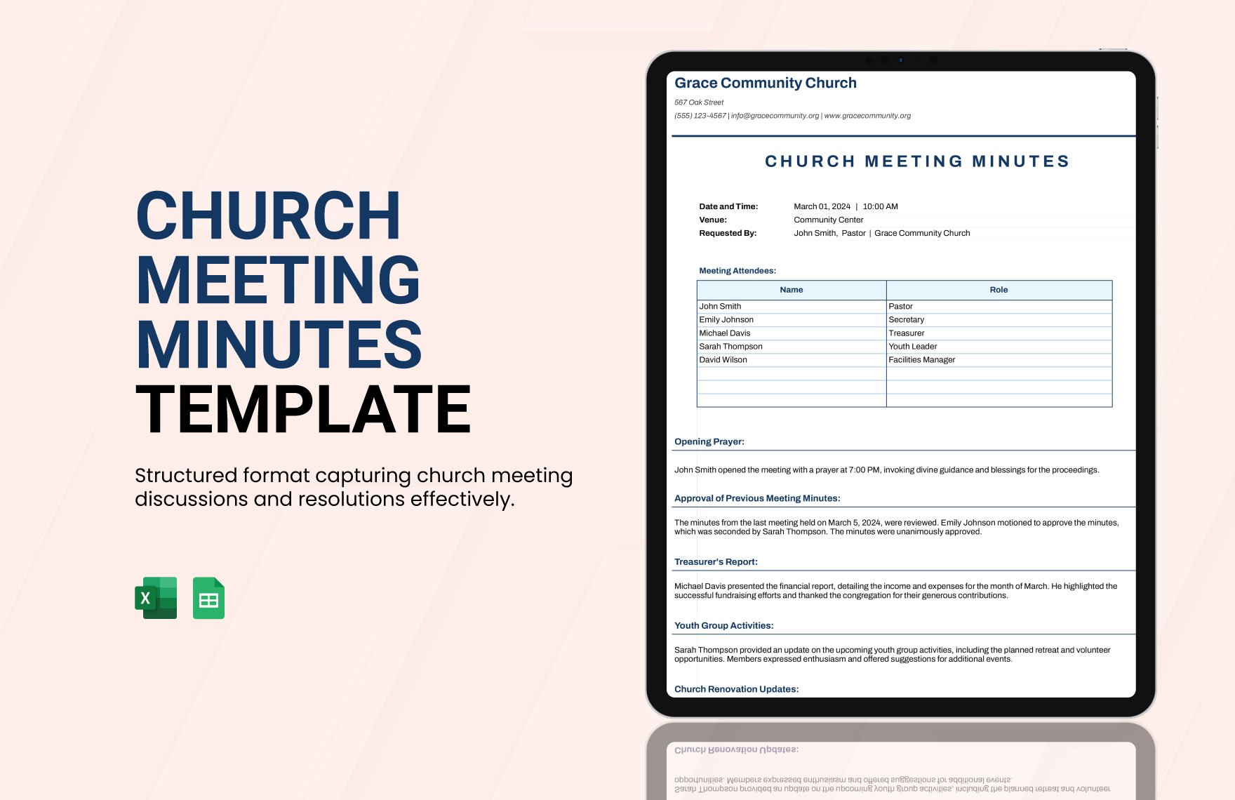 Church Meeting Minutes Template in Excel, Google Sheets
