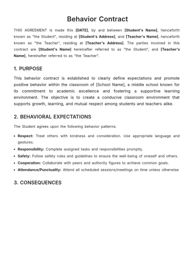 Free Behaviour Contract Template Template to Edit Online