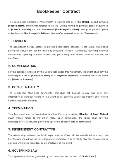 Free Bookkeeper Contract Template to Edit Online