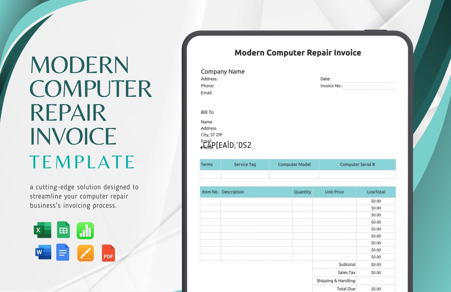 Free Modern Computer Repair Invoice Template in Word, Google Docs, Excel, PDF, Google Sheets, Apple Pages, Apple Numbers