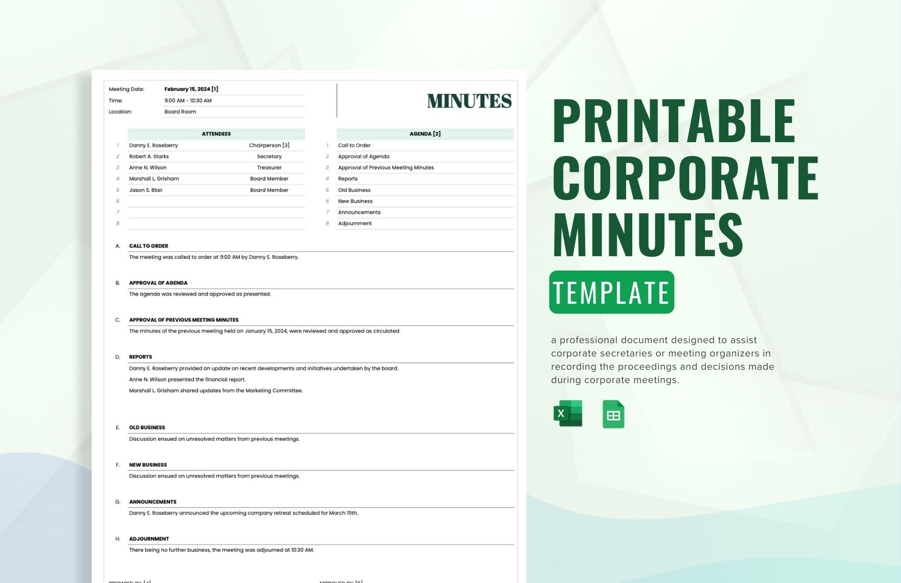 Printable Corporate Minutes Template in Excel, Google Sheets