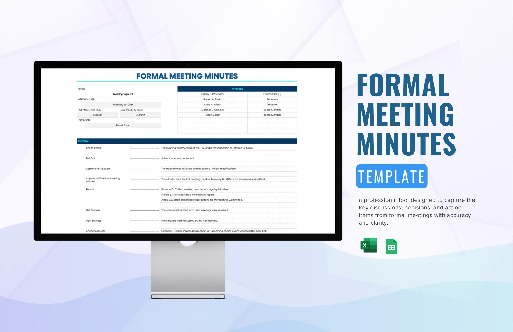Formal Meeting Minutes Template in Excel, Google Sheets