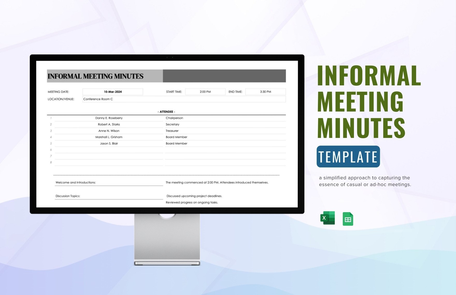Informal Meeting Minutes Template in Excel, Google Sheets
