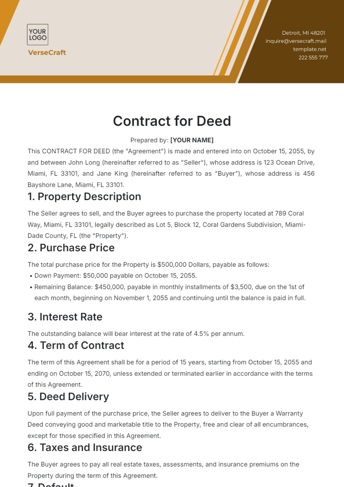 Professional Contract for Deed Template - Edit Online & Download