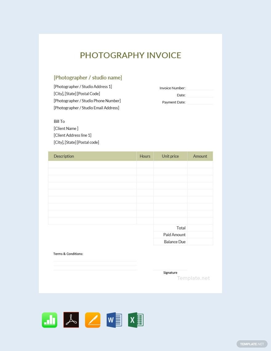 Sample Photography Invoice Template in Google Docs, Google Sheets, Pages, Excel, PDF, Word, Apple Numbers - Download | Template.net