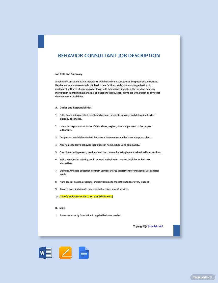 Free Behavior Consultant Job Ad And Description Template Google Docs Word Apple Pages PDF 