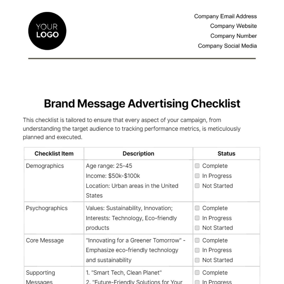 Brand Message Advertising Checklist Template