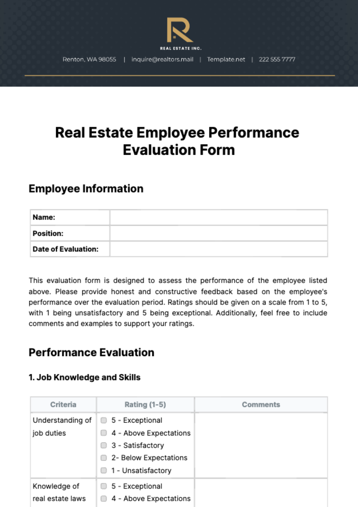 Real Estate Employee Performance Evaluation Form Template