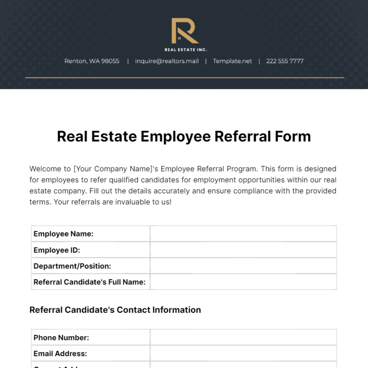 Real Estate Employee Referral Form Template