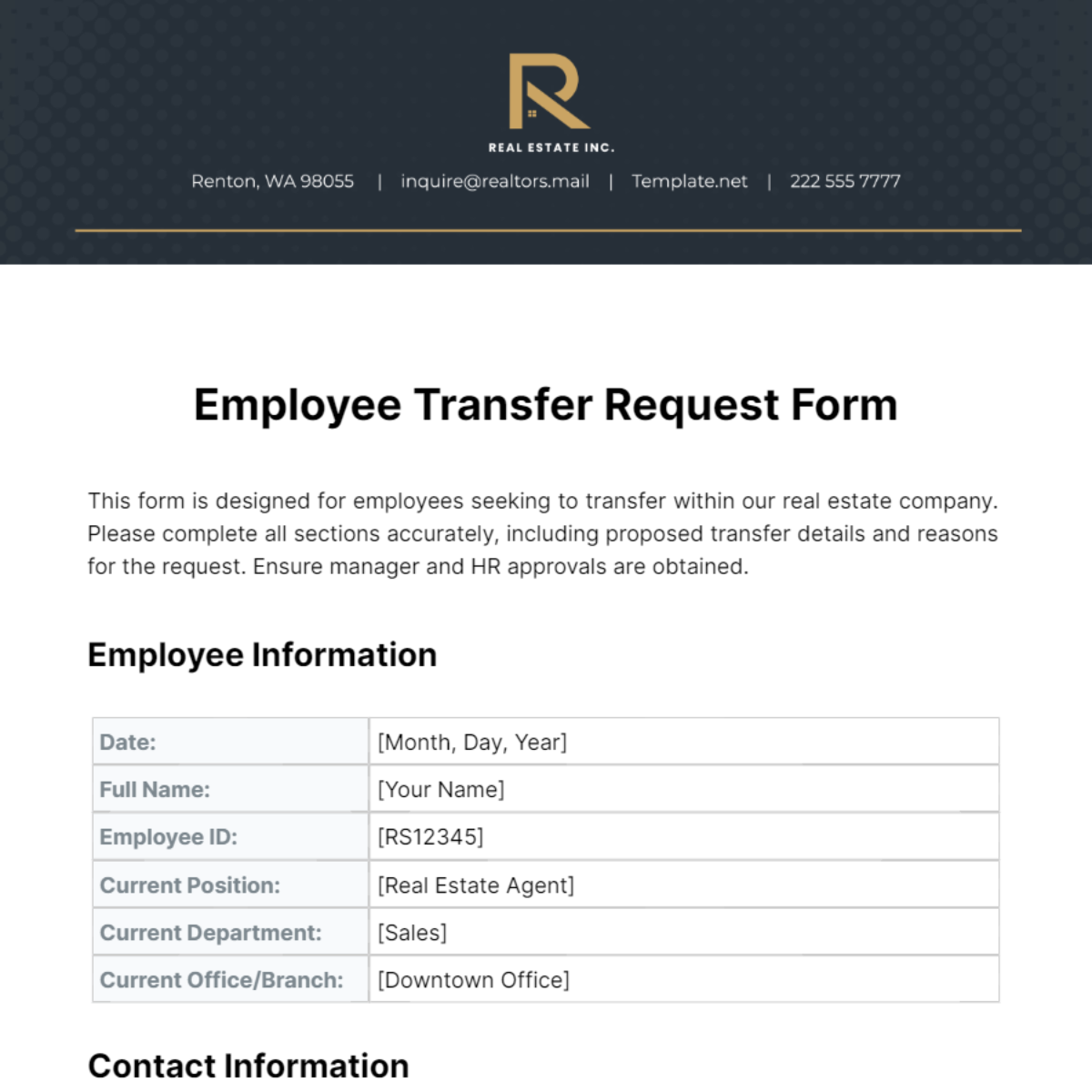 Real Estate Employee Transfer Request Form Template