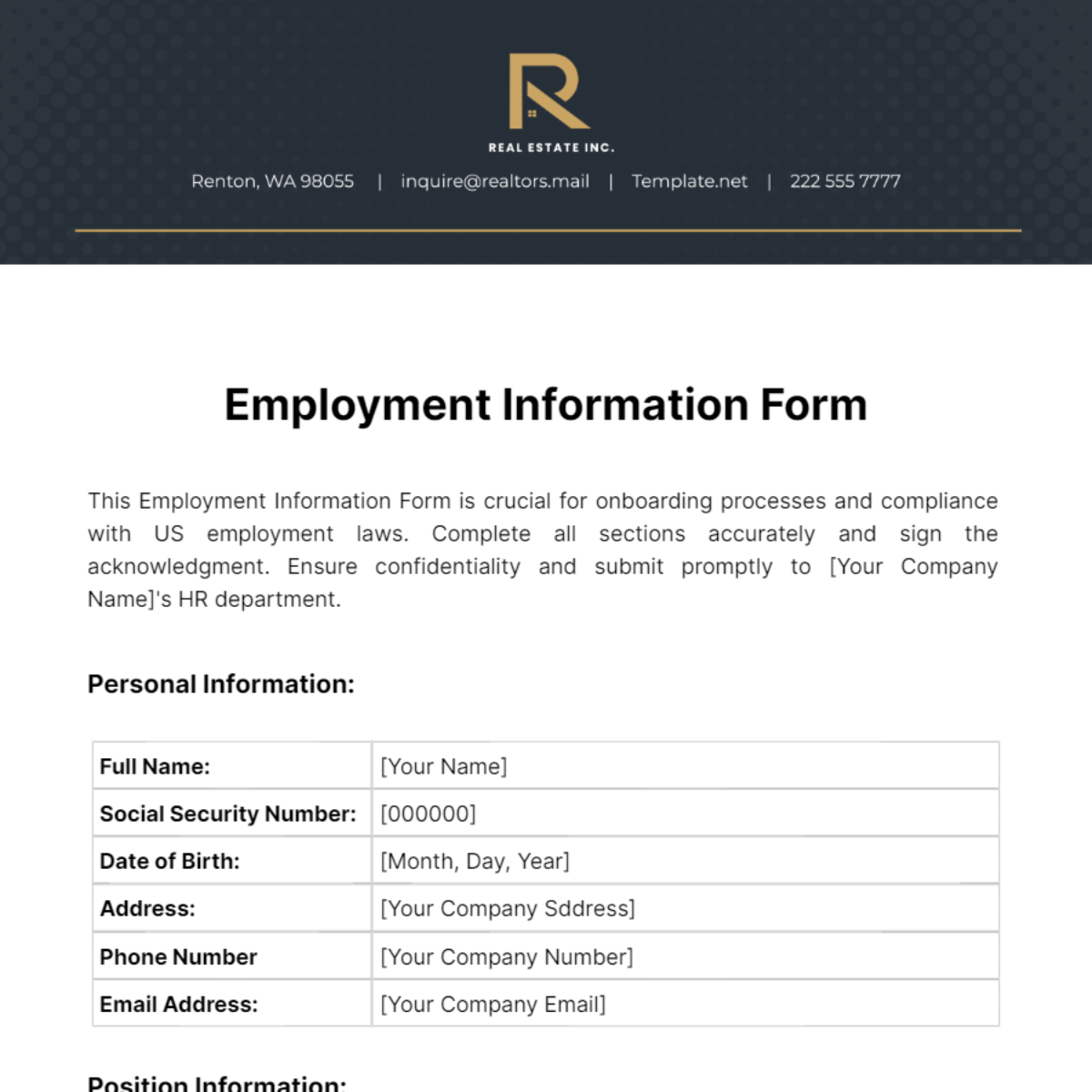 Real Estate Employment Information Form Template