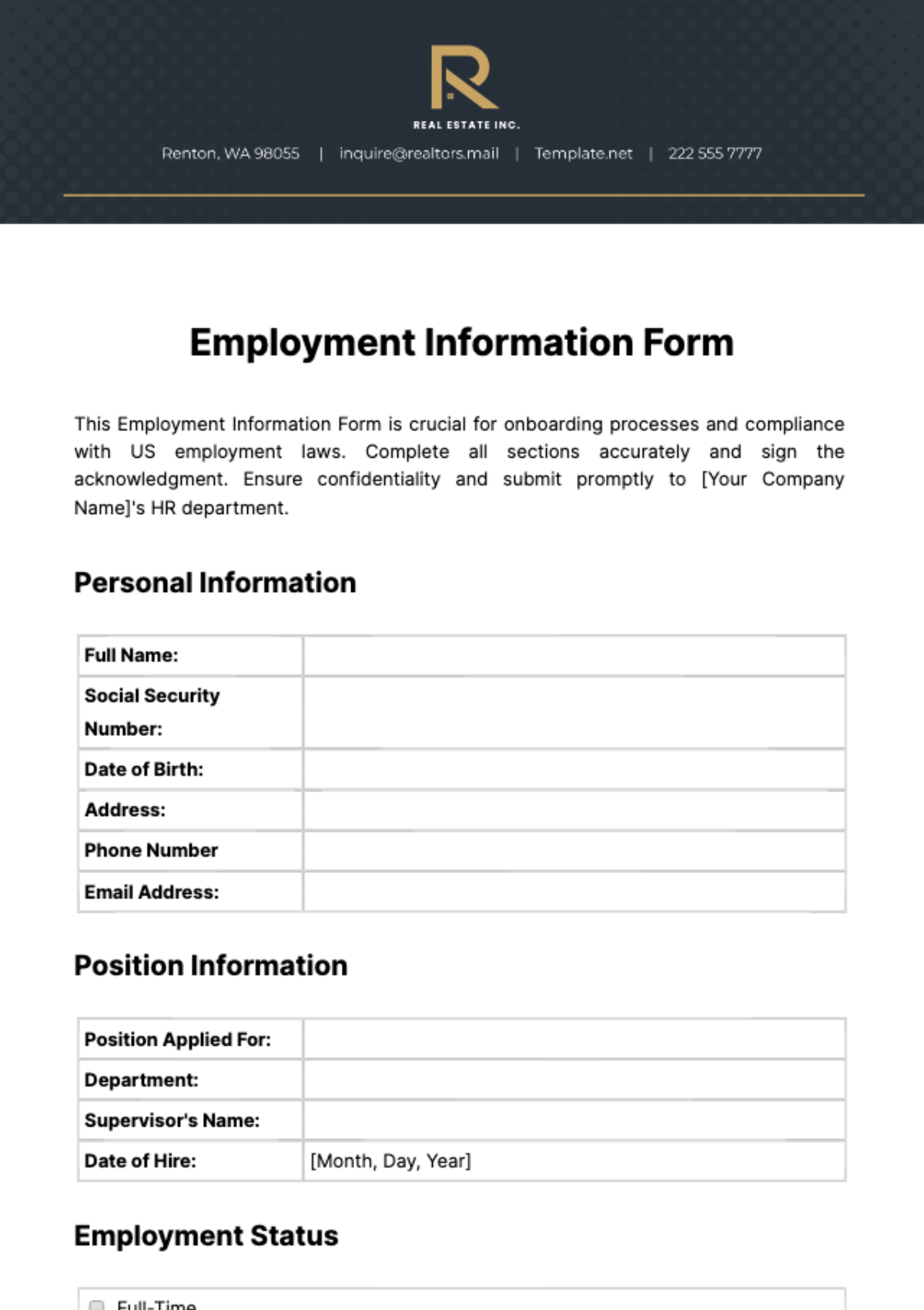 Real Estate Employment Information Form Template