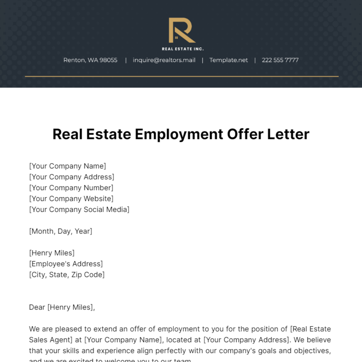 Real Estate Employment Offer Letter Template
