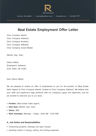 Free Real Estate Employment Offer Letter Template to Edit Online
