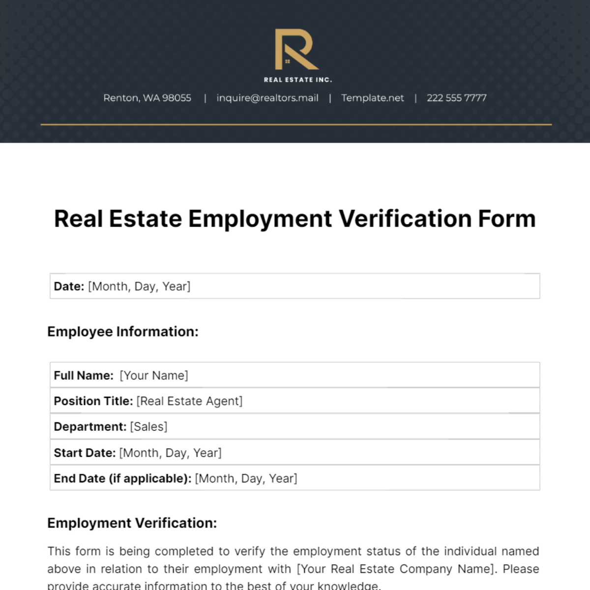 Real Estate Employment Verification Form Template