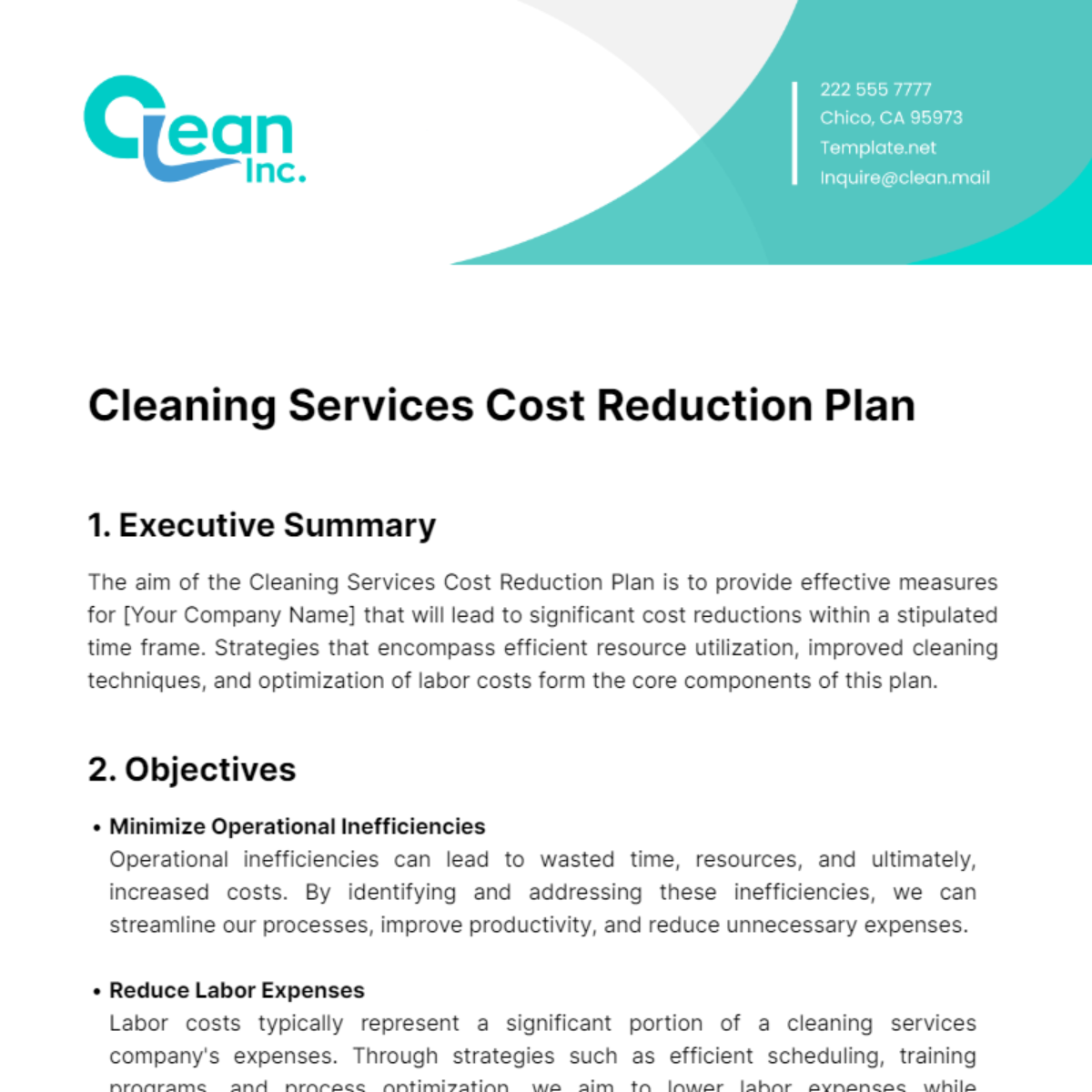 Free Cleaning Services Cost Reduction Plan Template