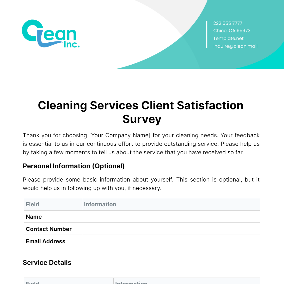Free Cleaning Services Client Satisfaction Survey Template