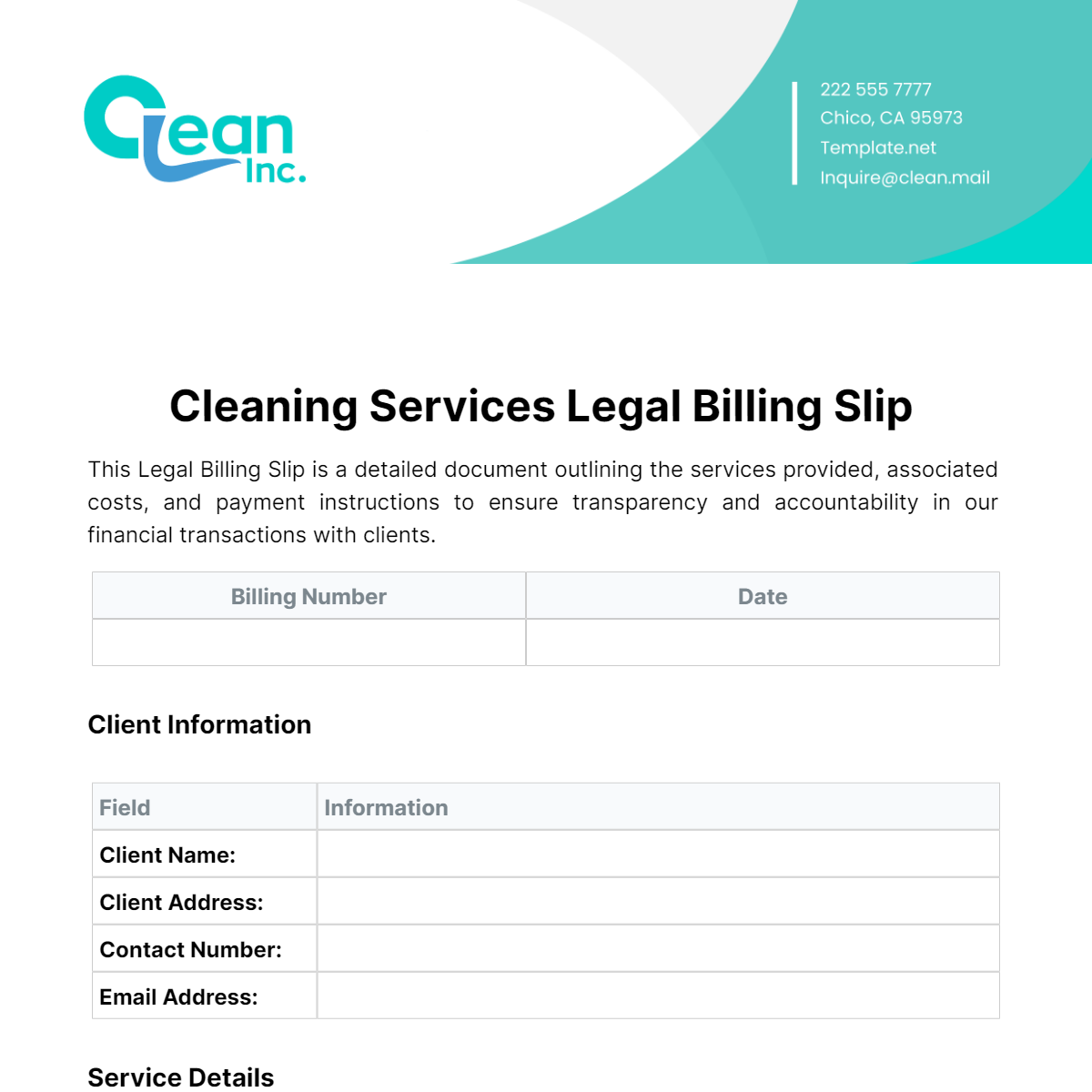 Cleaning Services Legal Billing Slip Template