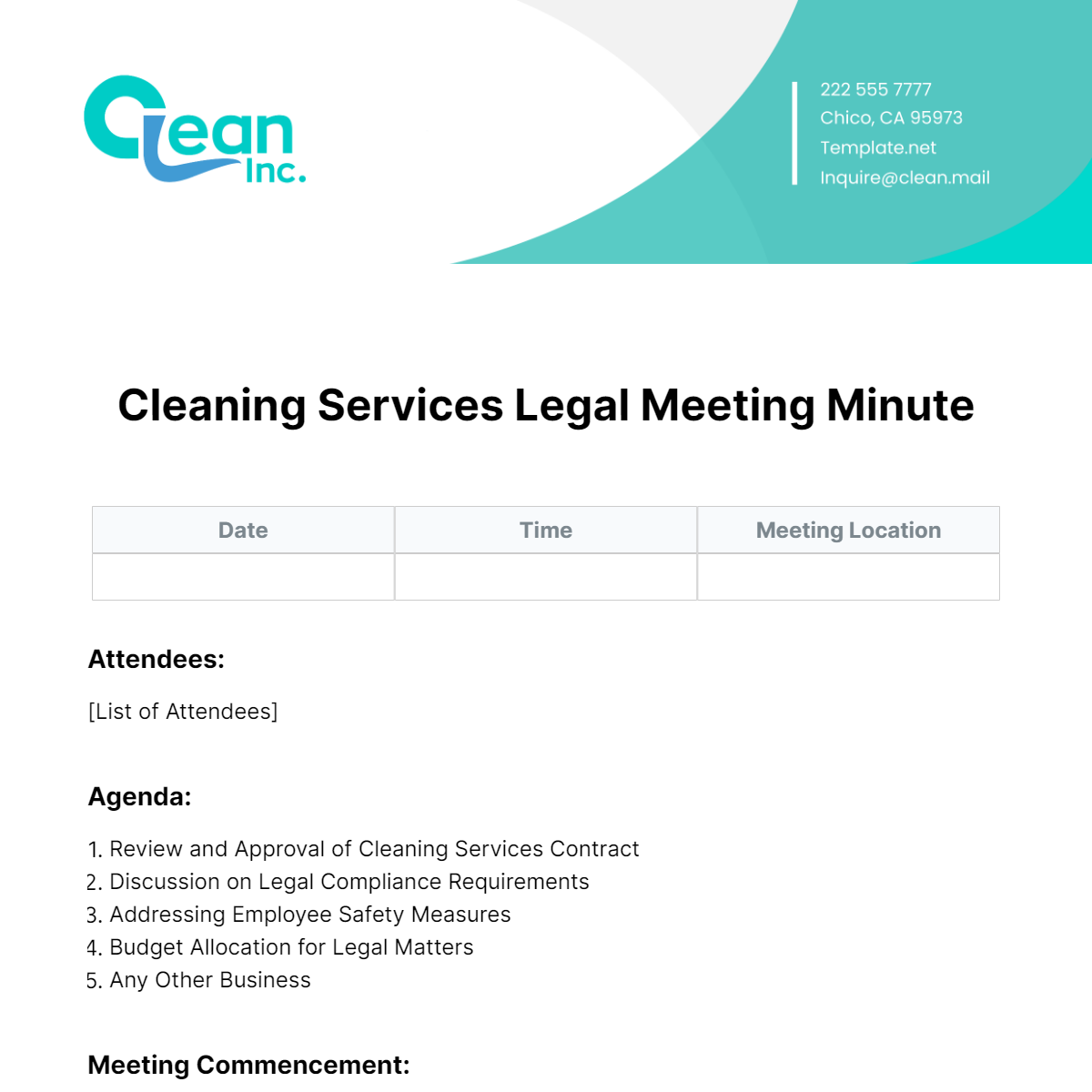 Free Cleaning Services Legal Meeting Minute Template
