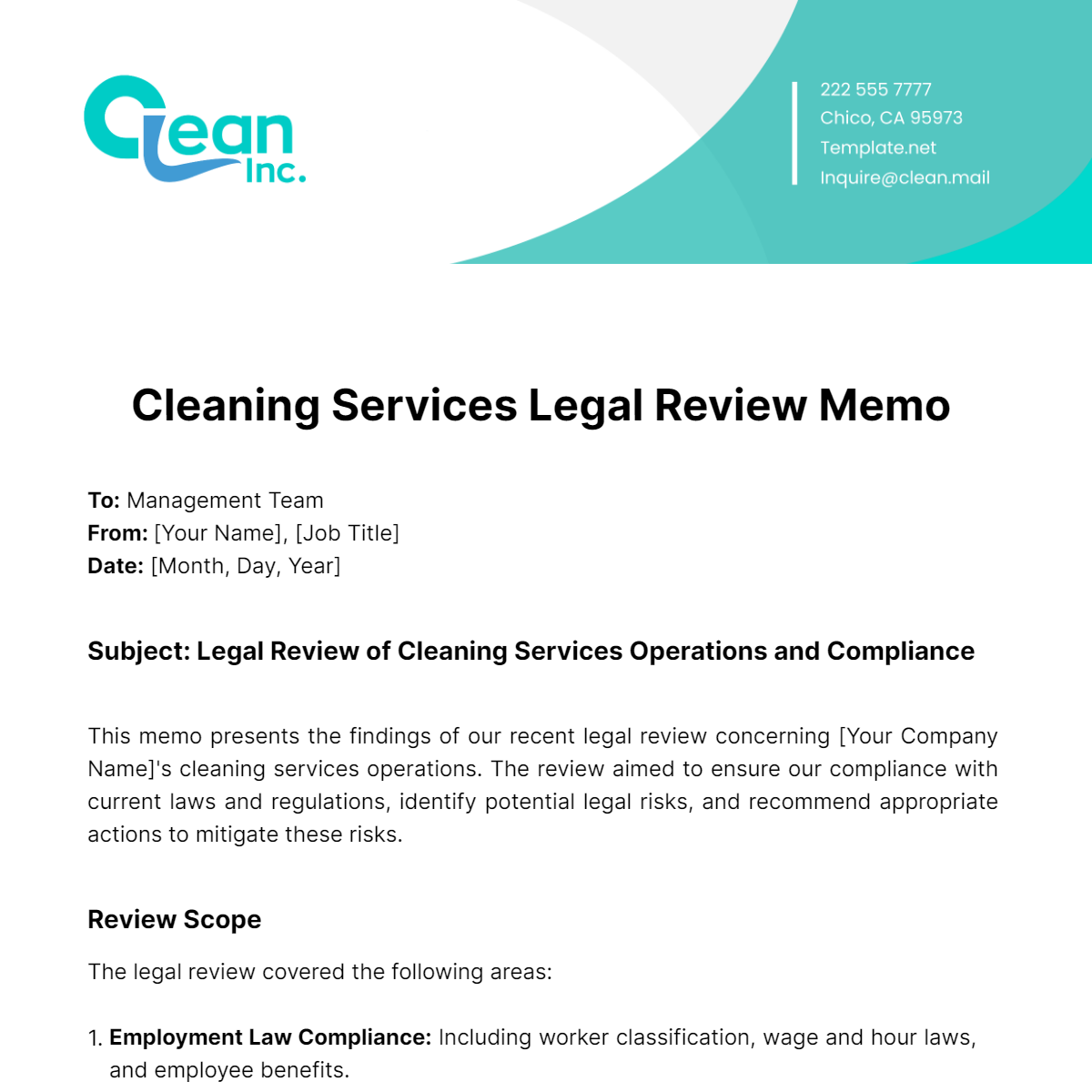 Free Cleaning Services Legal Review Memo Template