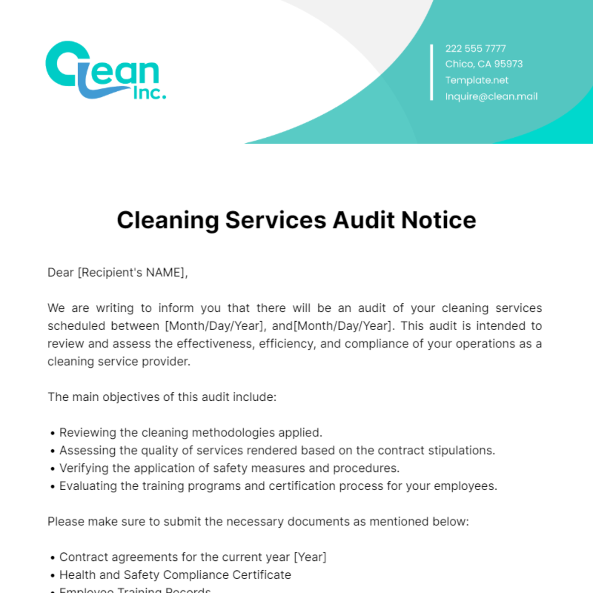 Cleaning Services Audit Notice Template