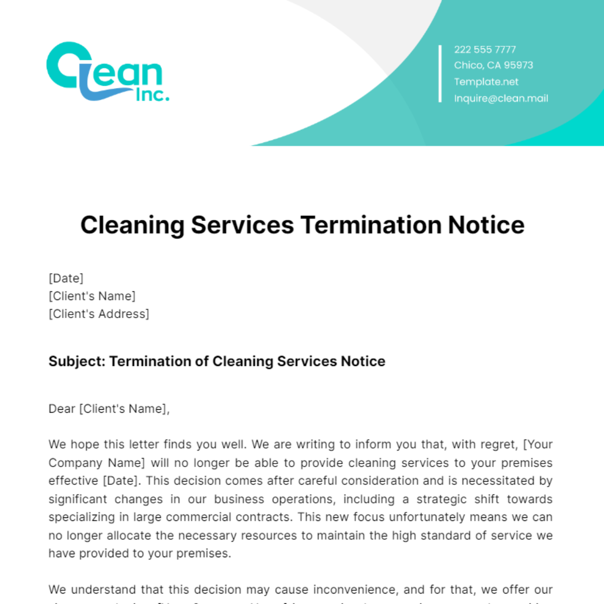 Free Cleaning Services Termination Notice Template