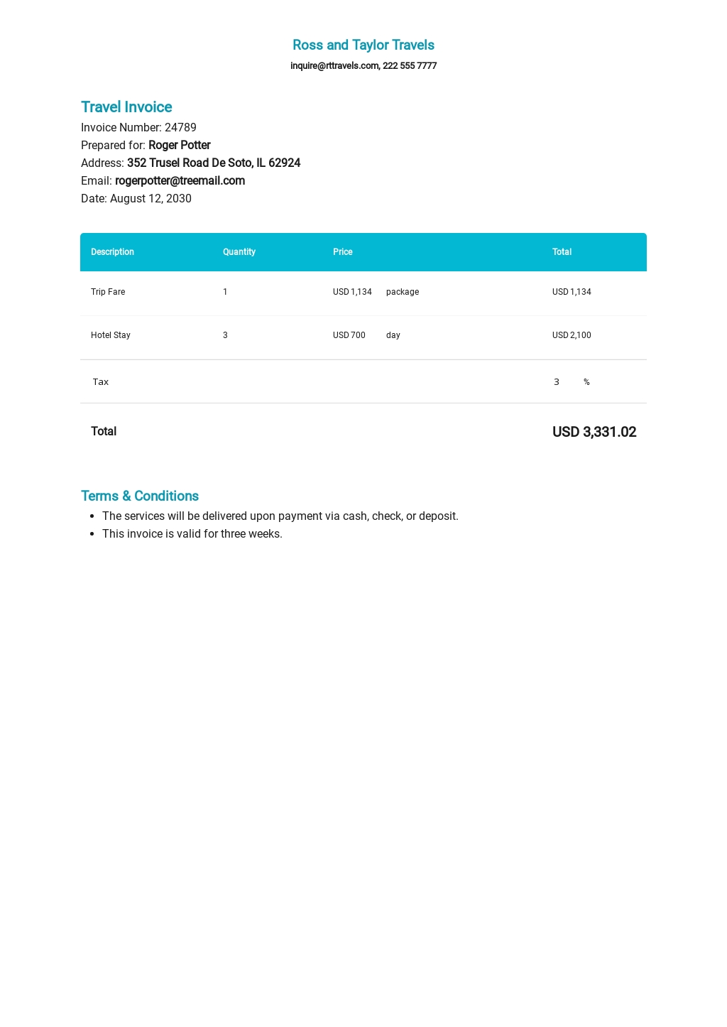 FREE Travel Invoice Templates - Microsoft Word (DOC) | Template.net