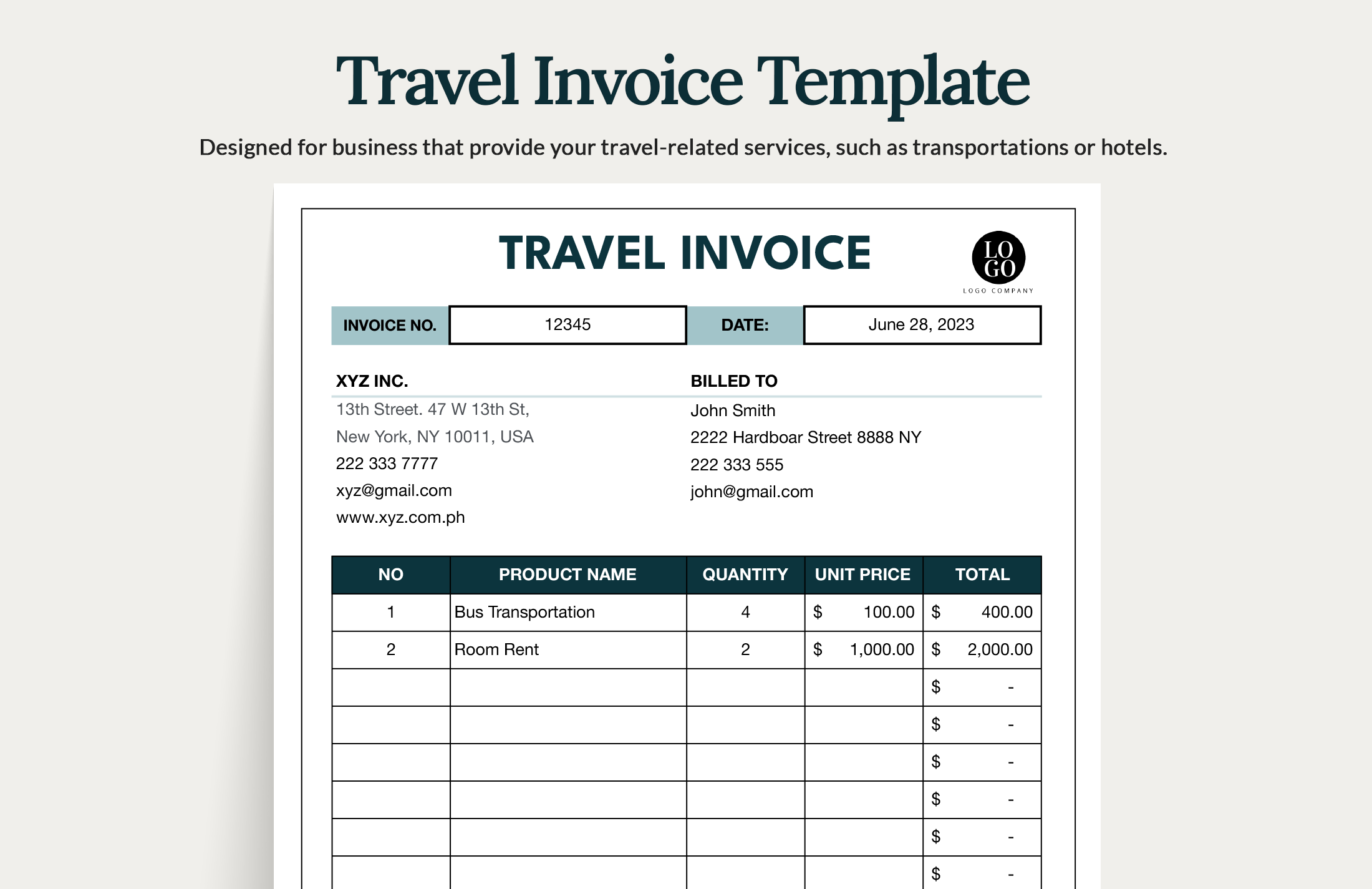 travel bill format in word free download