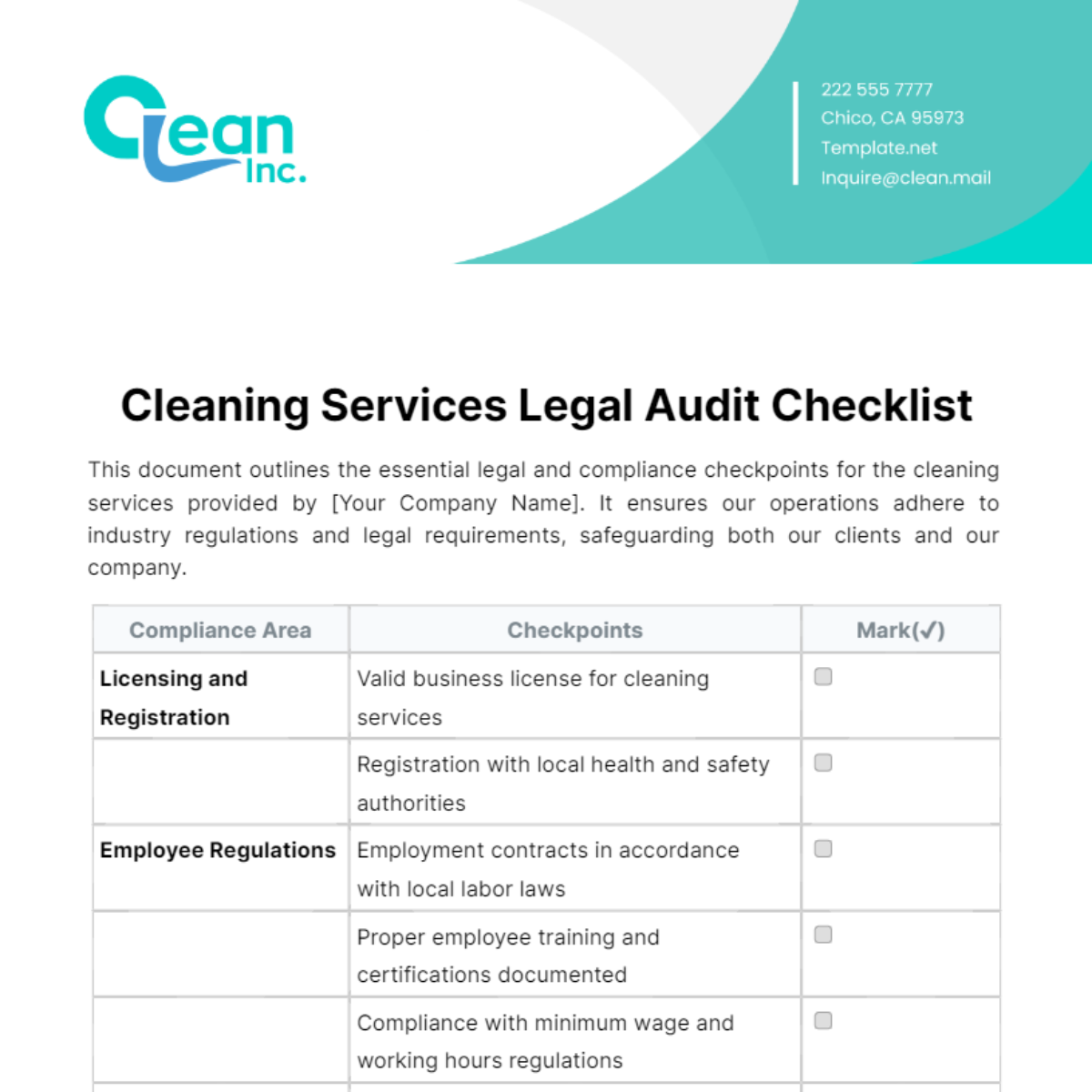 Free Cleaning Services Legal Audit Checklist Template