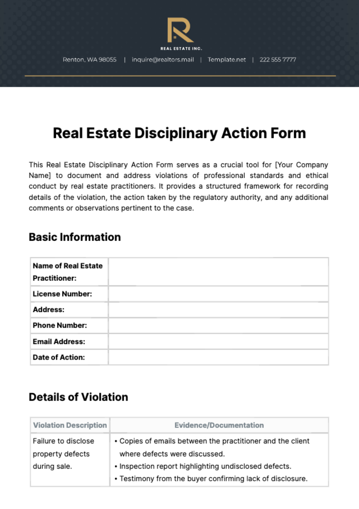 Real Estate Disciplinary Action Form Template
