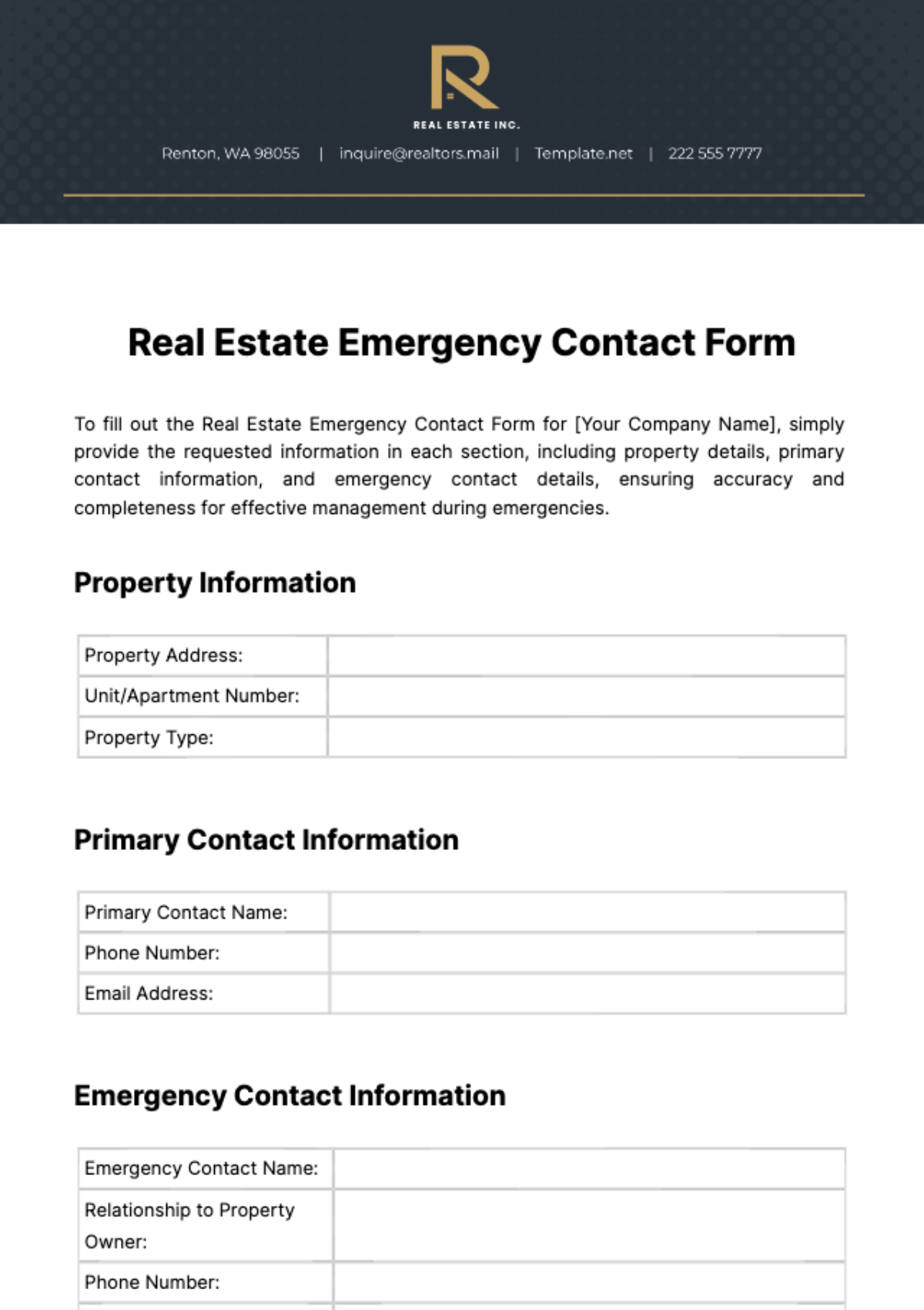 Real Estate Emergency Contact Form Template