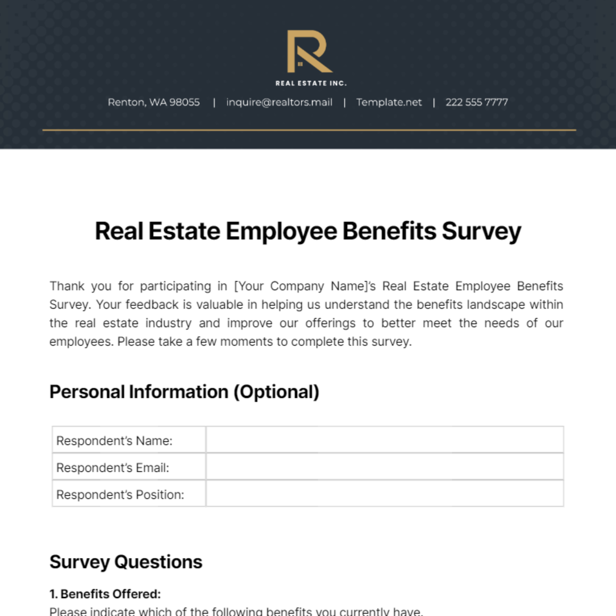 Real Estate Employee Benefits Survey Template - Edit Online & Download