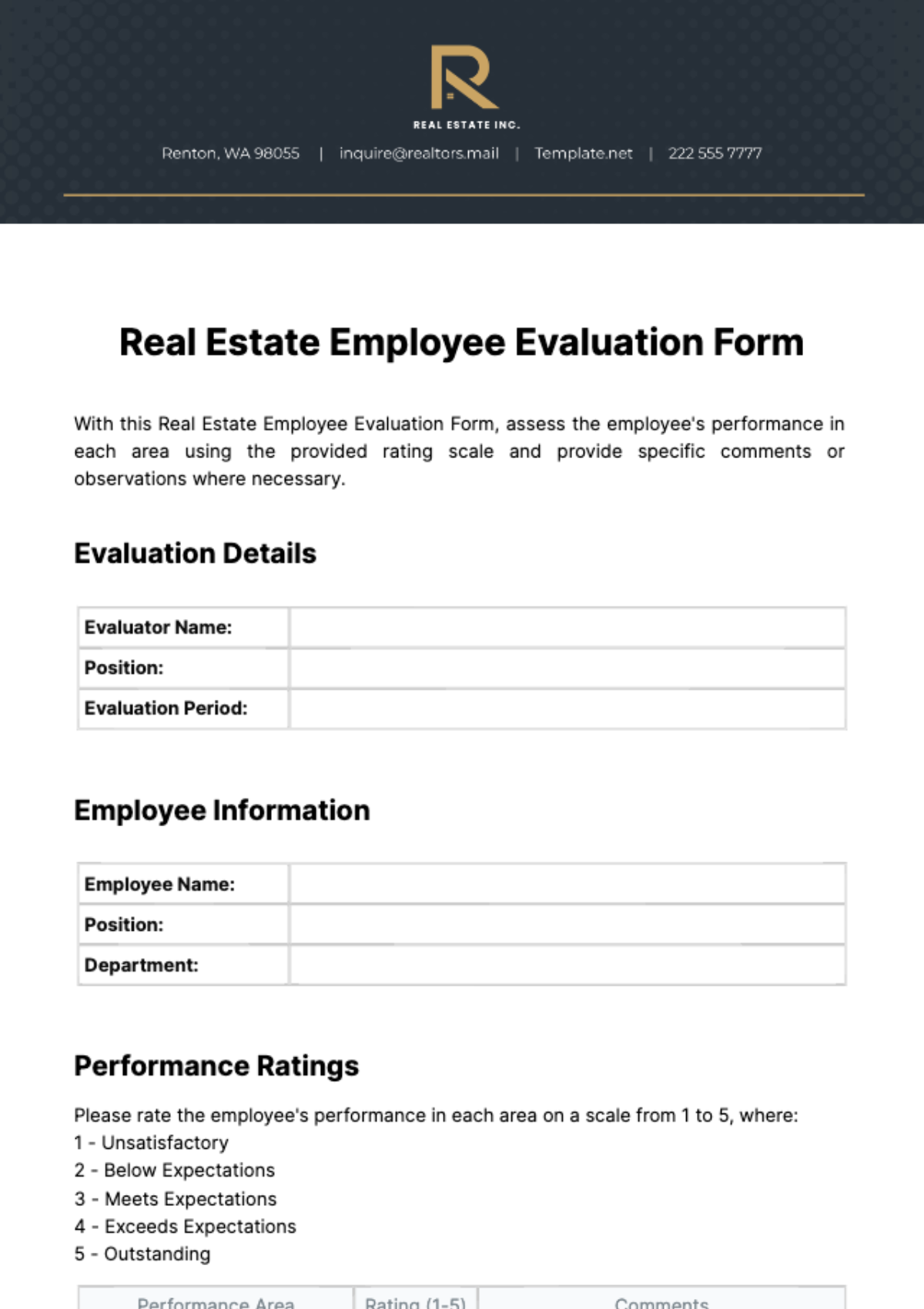 Real Estate Employee Evaluation Form Template