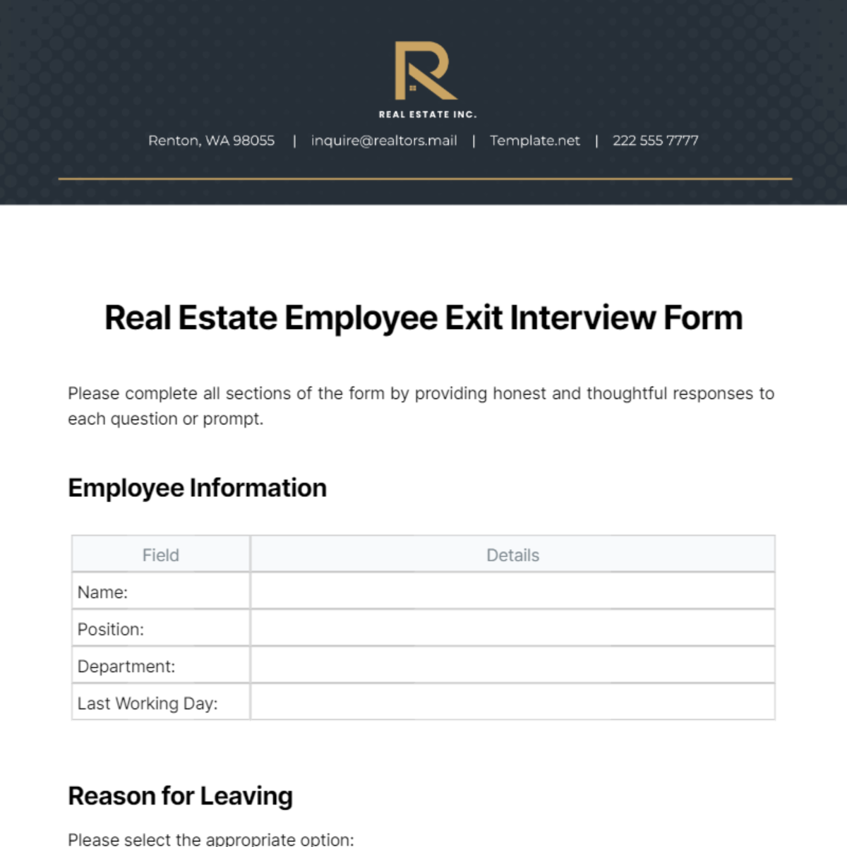 Real Estate Employee Exit Interview Form Template