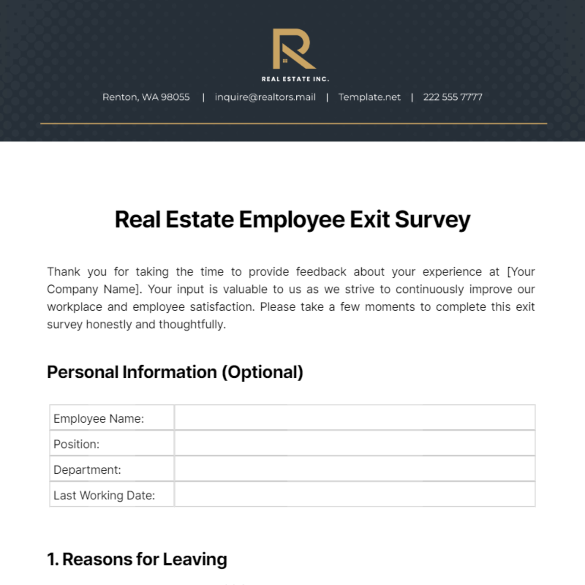 Real Estate Employee Exit Survey Template