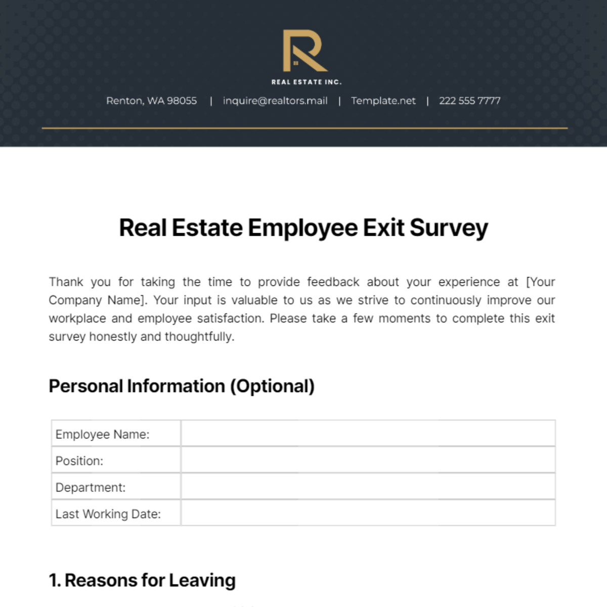 Real Estate Employee Exit Survey Template - Edit Online & Download