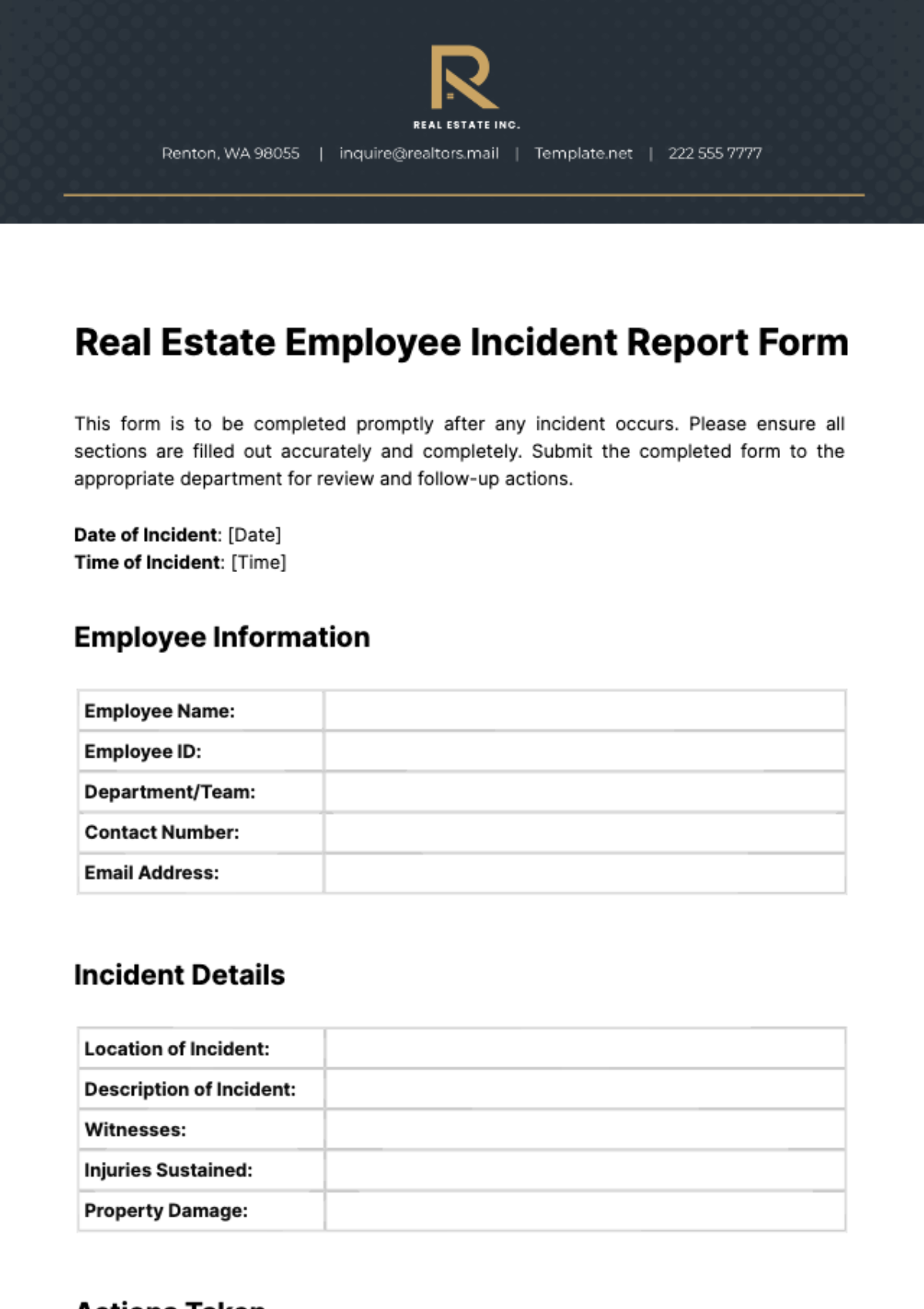 Real Estate Employee Incident Report Form Template