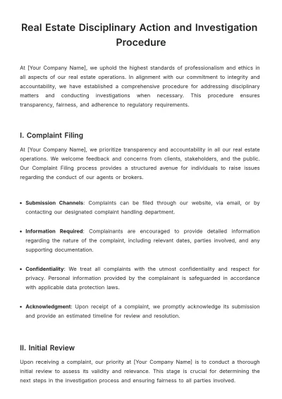 Free Real Estate Disciplinary Action and Investigation Procedure Template to Edit Online