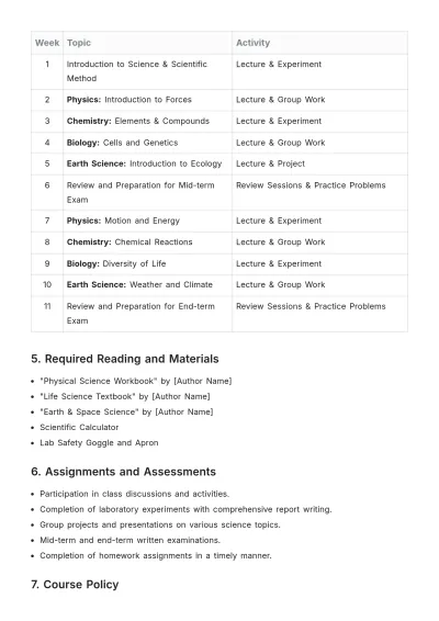 Free Middle School Science Syllabus Template to Edit Online