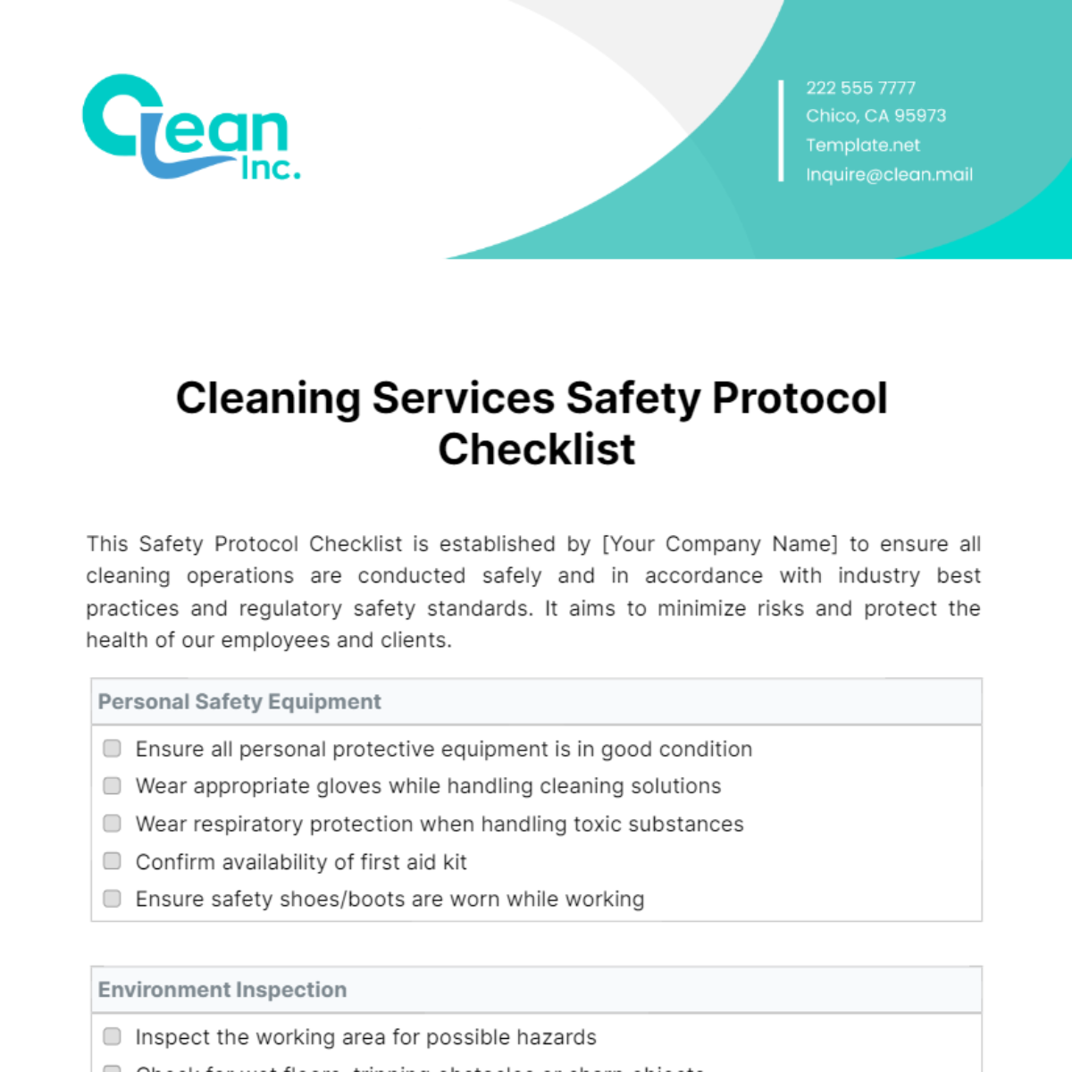 Cleaning Services Safety Protocol Checklist Template