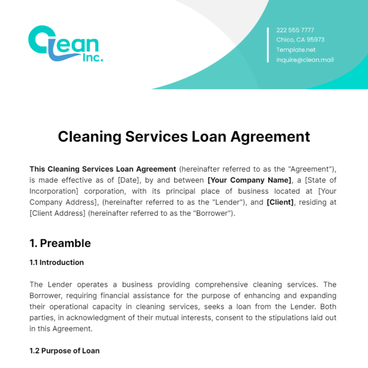 Cleaning Services Loan Agreement Template