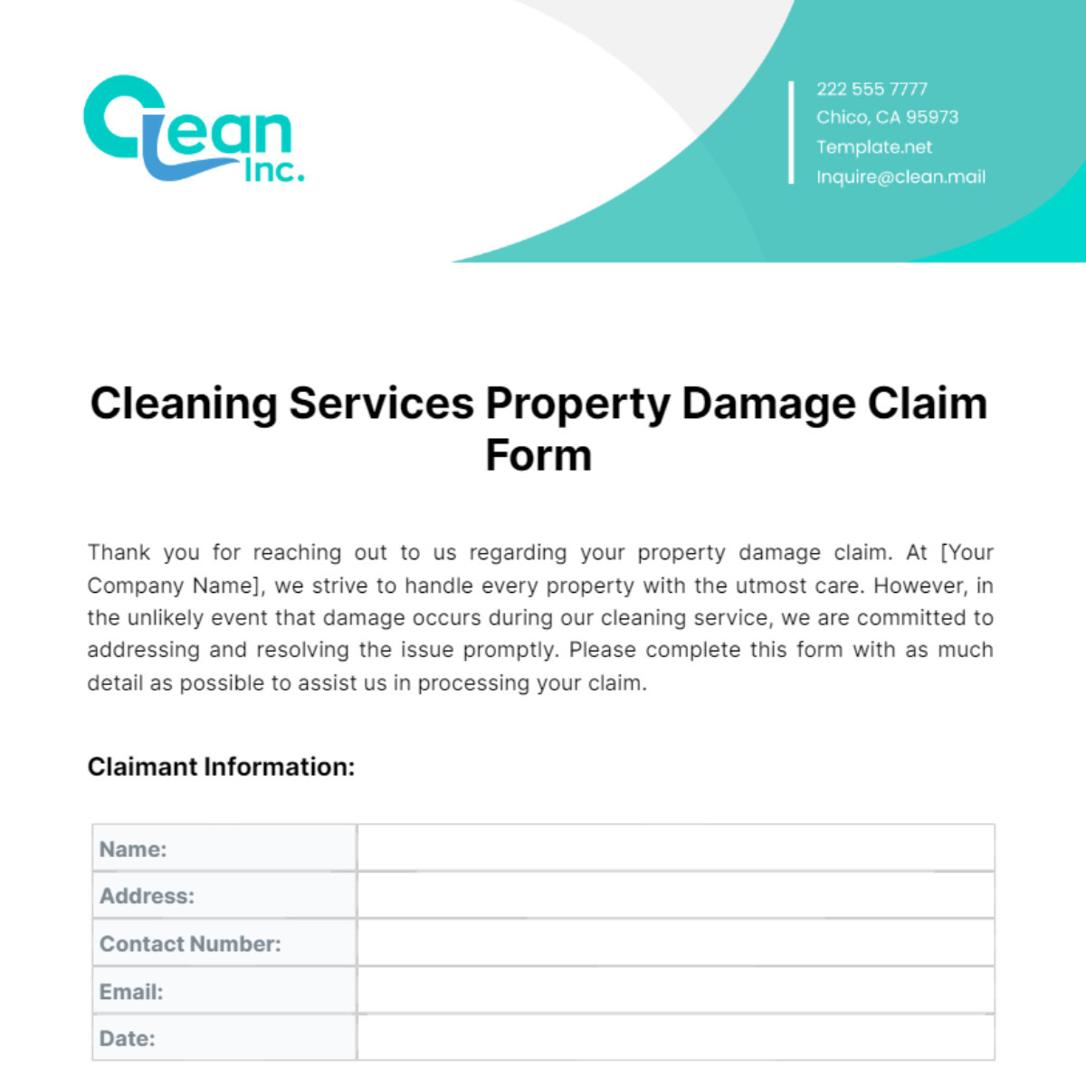Cleaning Services Property Damage Claim Form Template