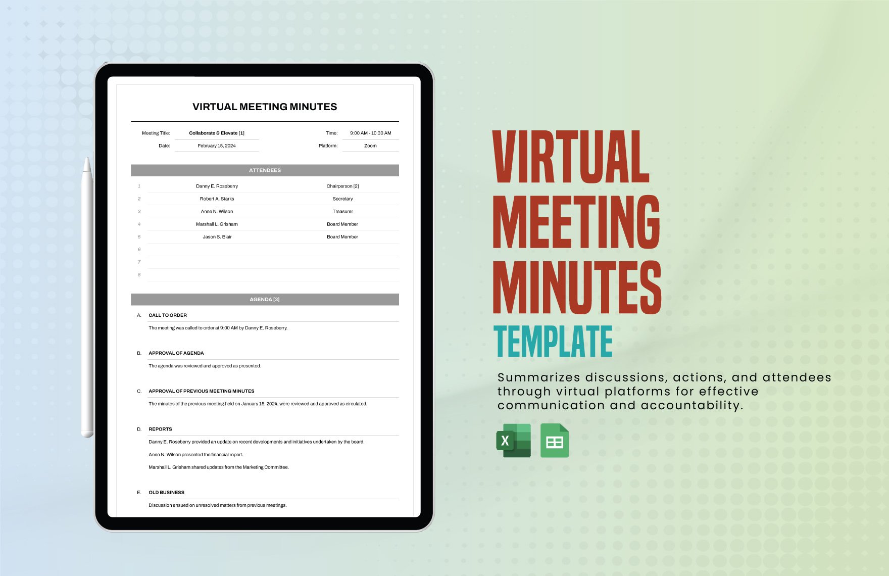 Virtual Meeting Minutes Template in Excel, Google Sheets