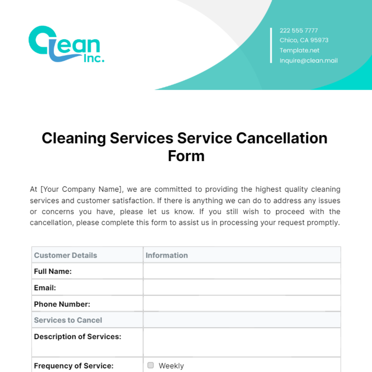 Cleaning Services Service Cancellation Form Template