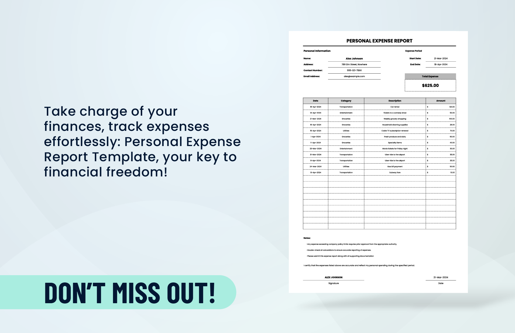 Personal Expense Report Template