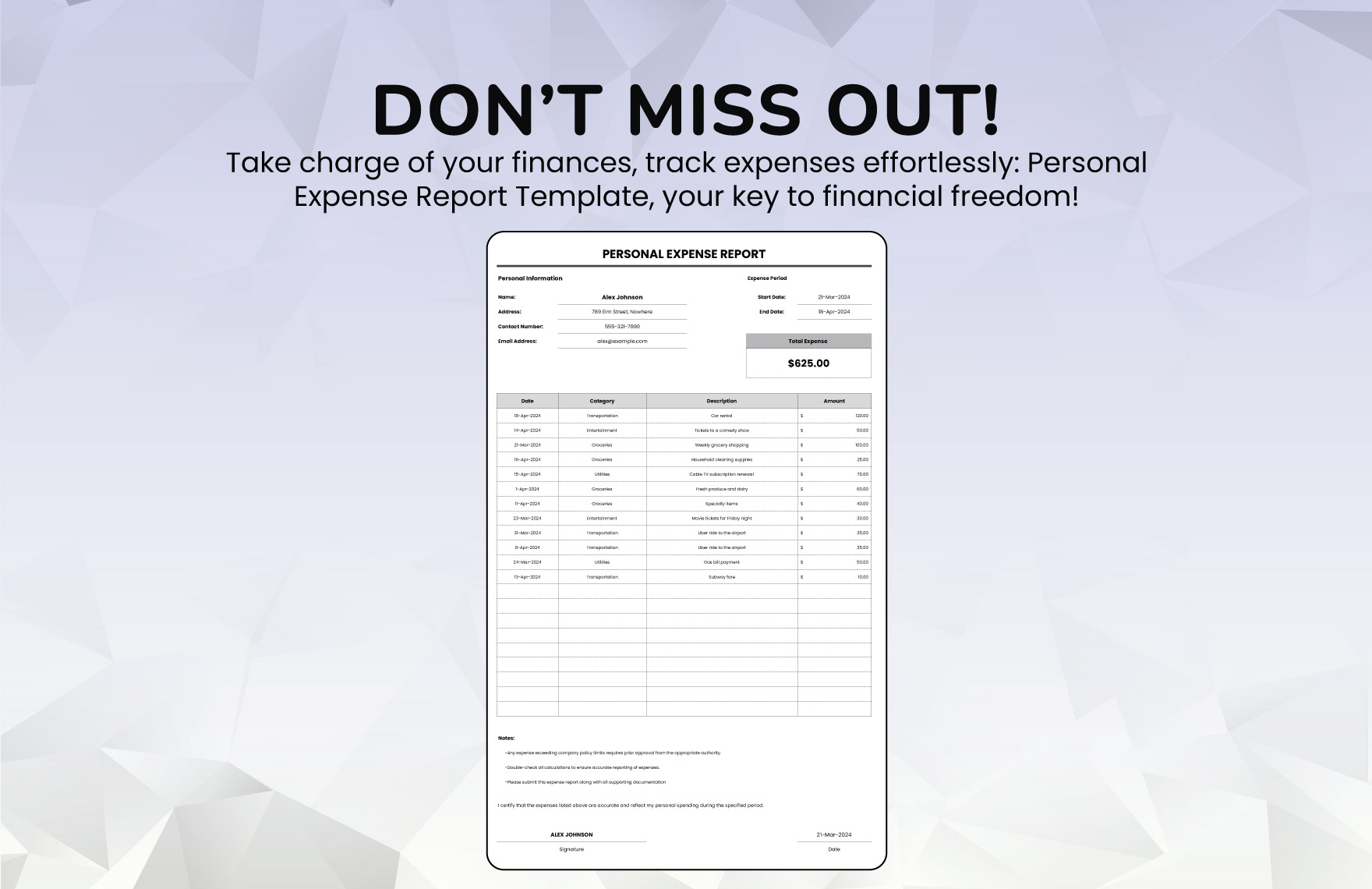 Personal Expense Report Template