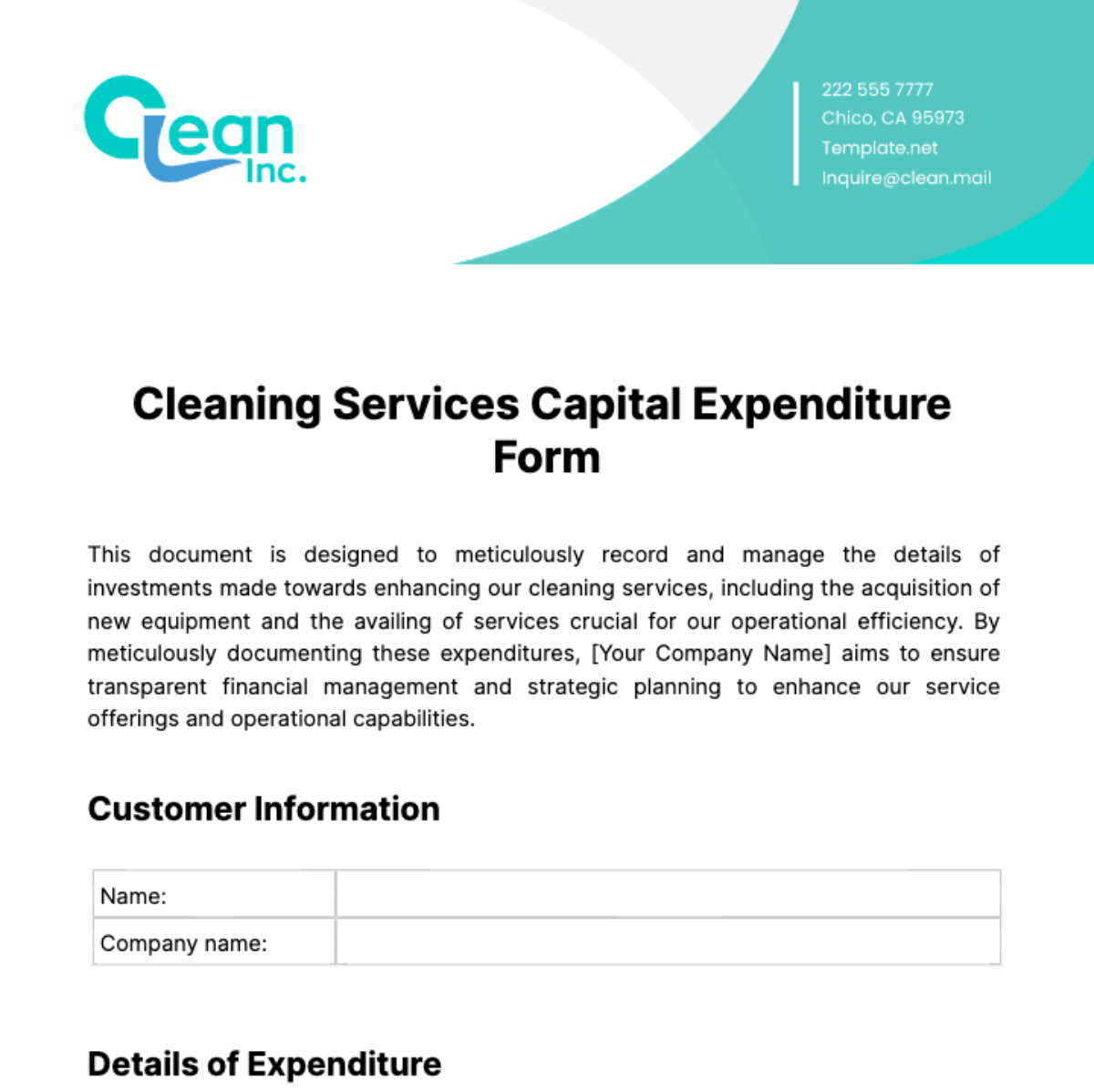 Free Cleaning Services Capital Expenditure Form Template