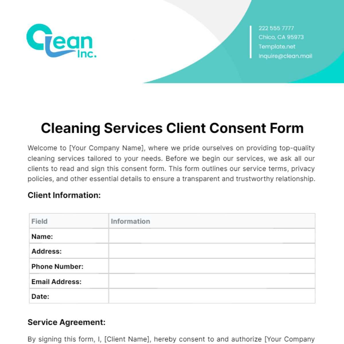 Free Cleaning Services Client Consent Form Template