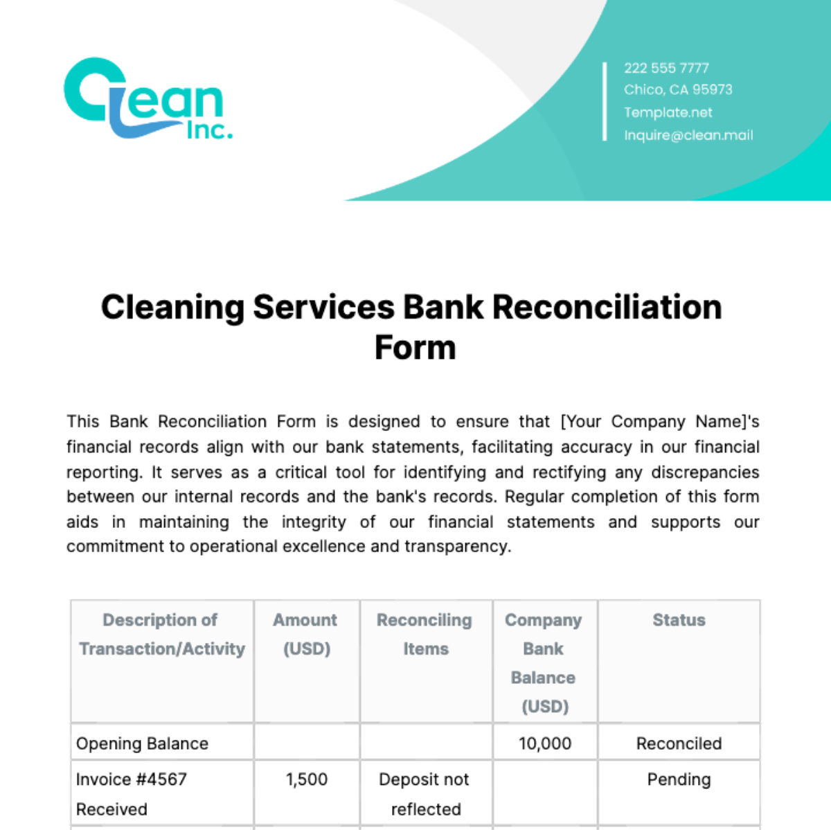 Free Cleaning Services Bank Reconciliation Form Template