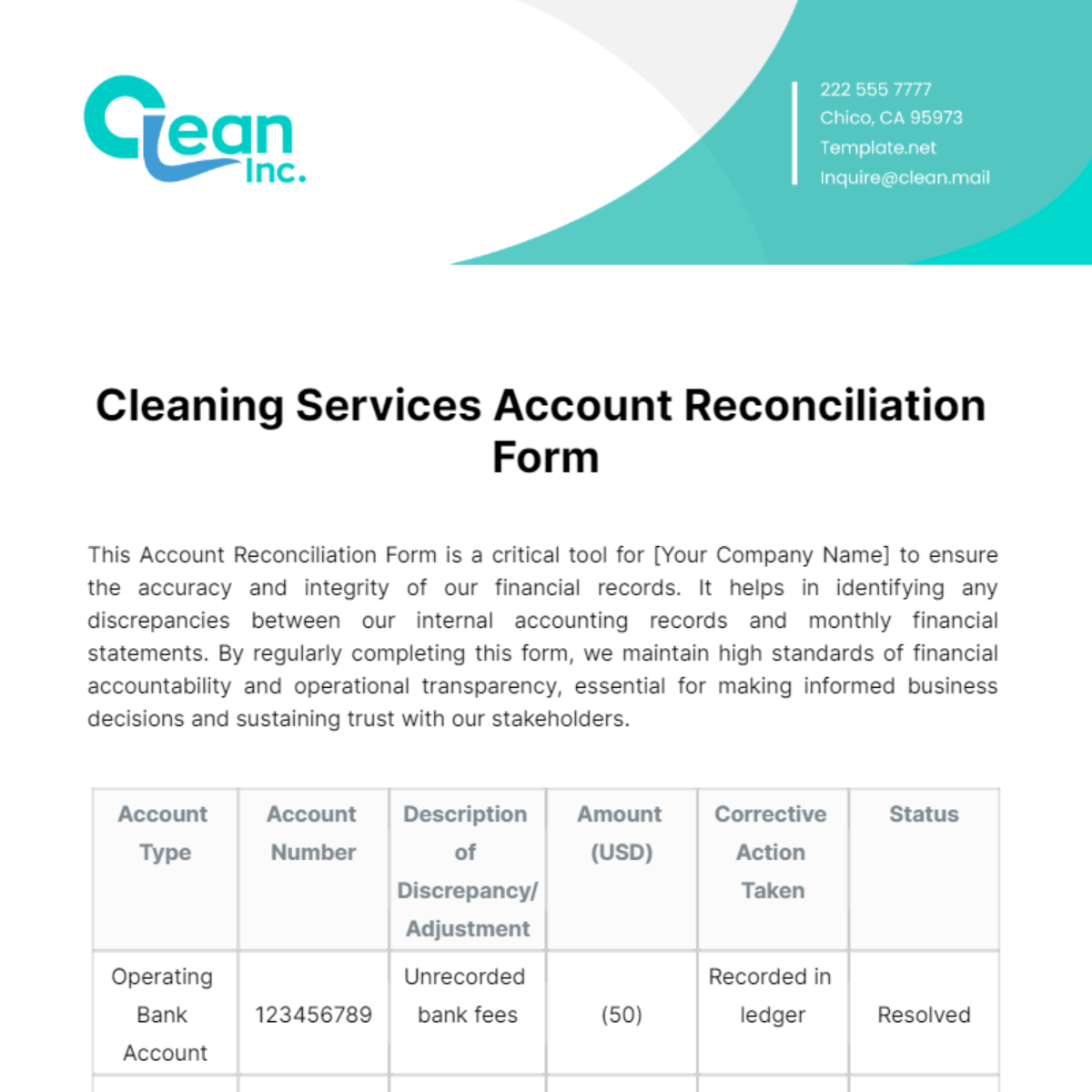 Free Cleaning Services Account Reconciliation Form Template